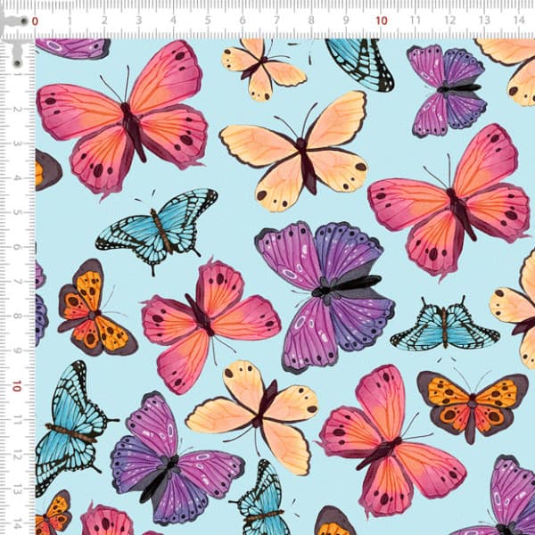 Tecido Tricoline Estampado Bailado das Borboletas Azul Animal Fauna Patchwork Artesanato Estampa Costura