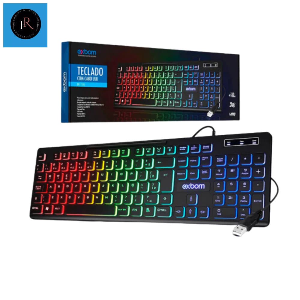 Teclado Gamer Multimídia LED RGB Semi Mecânico Plug & Play Computador Notebook ABNT2 Exbom BK-155C