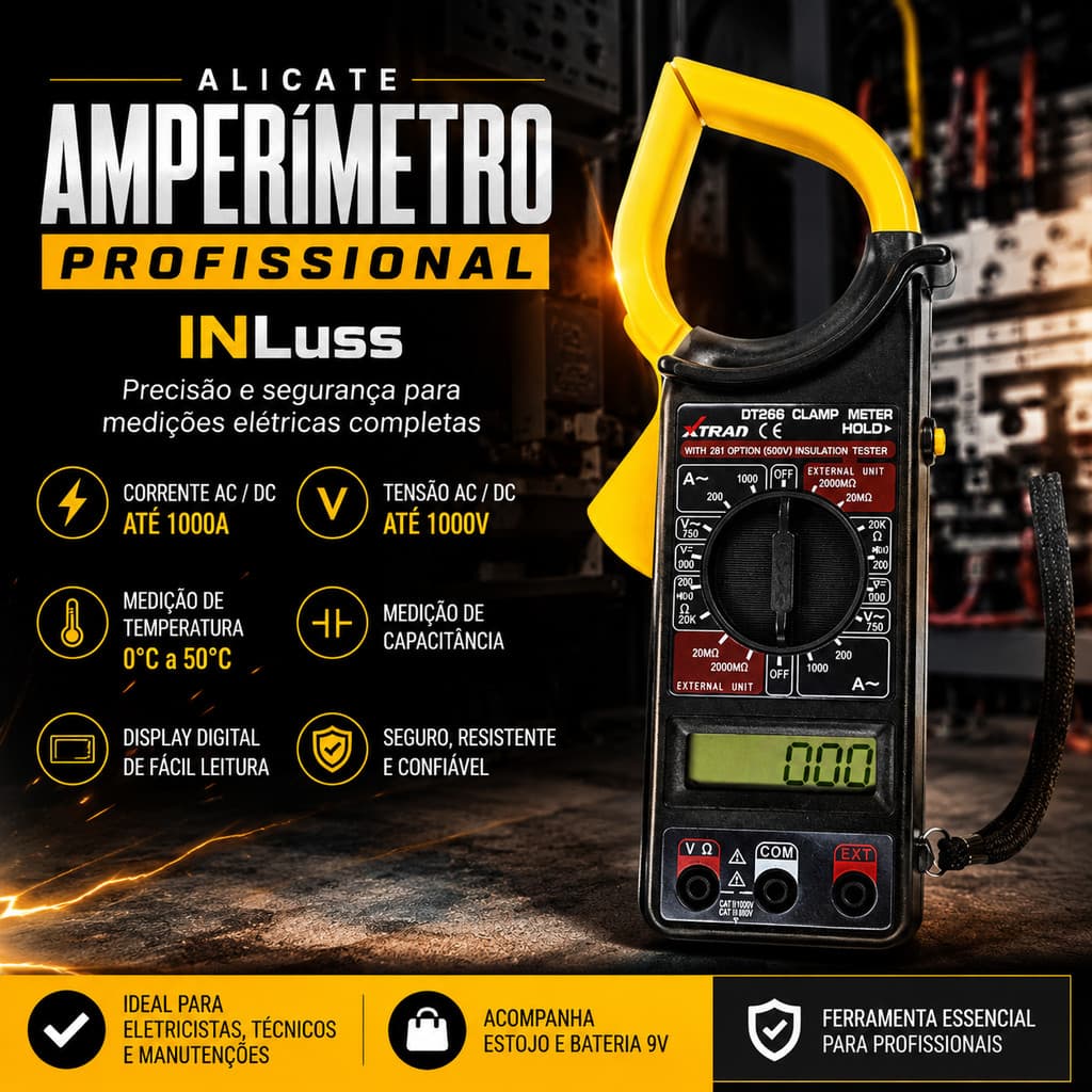 ALICATE AMPERÍMETRO DIGITAL PROFISSIONAL 1000A 1000V COM ESTOJO MEDIDOR MULTÍMETRO ELÉTRICO
