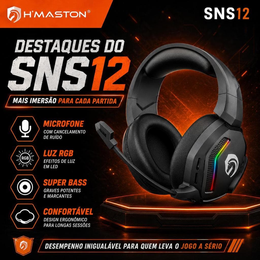 Headset Gamer HMaston SNS12 com Microfone, Luz RGB, Super Bass, Fone Over-Ear para Jogos, PC, Notebook e Celular