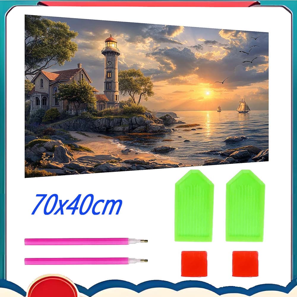 conjunto de pintura com diamantes 5d pintura com diamantes diy: farol ao pôr do sol à beira-mar