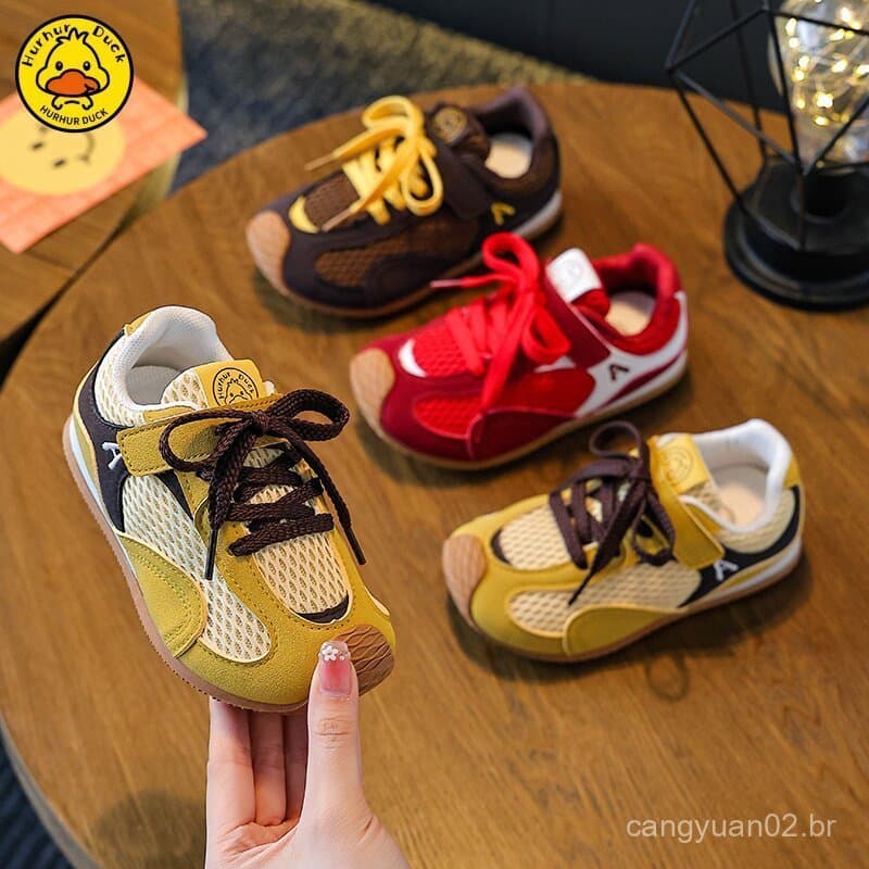 Sapatos infantis Little Yellow Duck, tênis esportivos casuais, tênis retrô, tênis respiráveis de malha, tênis de treinam