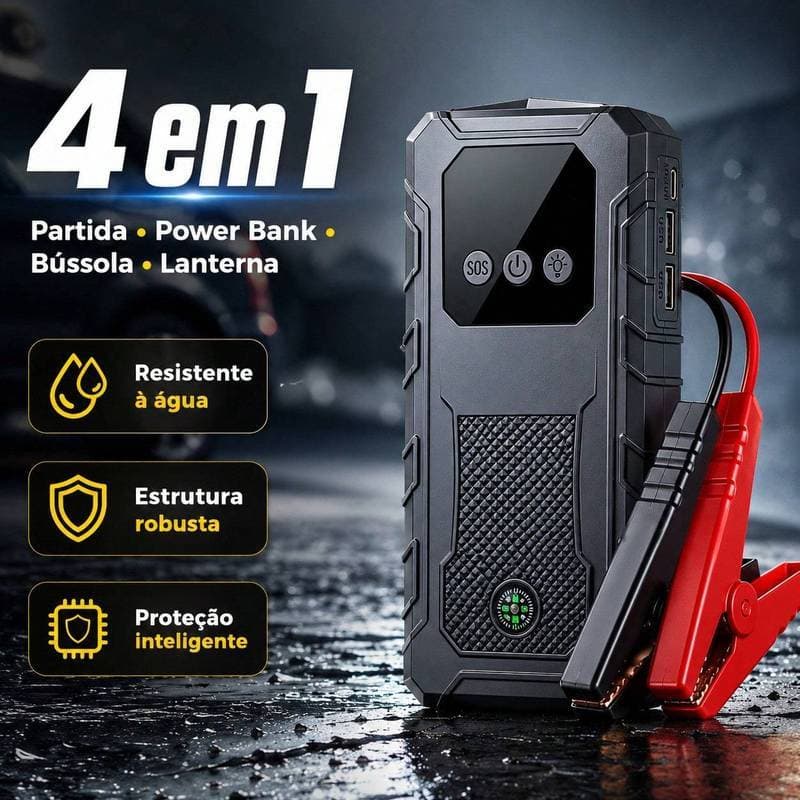 Auxiliar de Partida Veicular 4 em 1 10000mAh | Carregador Portátil Power Bank com Lanterna LED,  para Carros e Motos