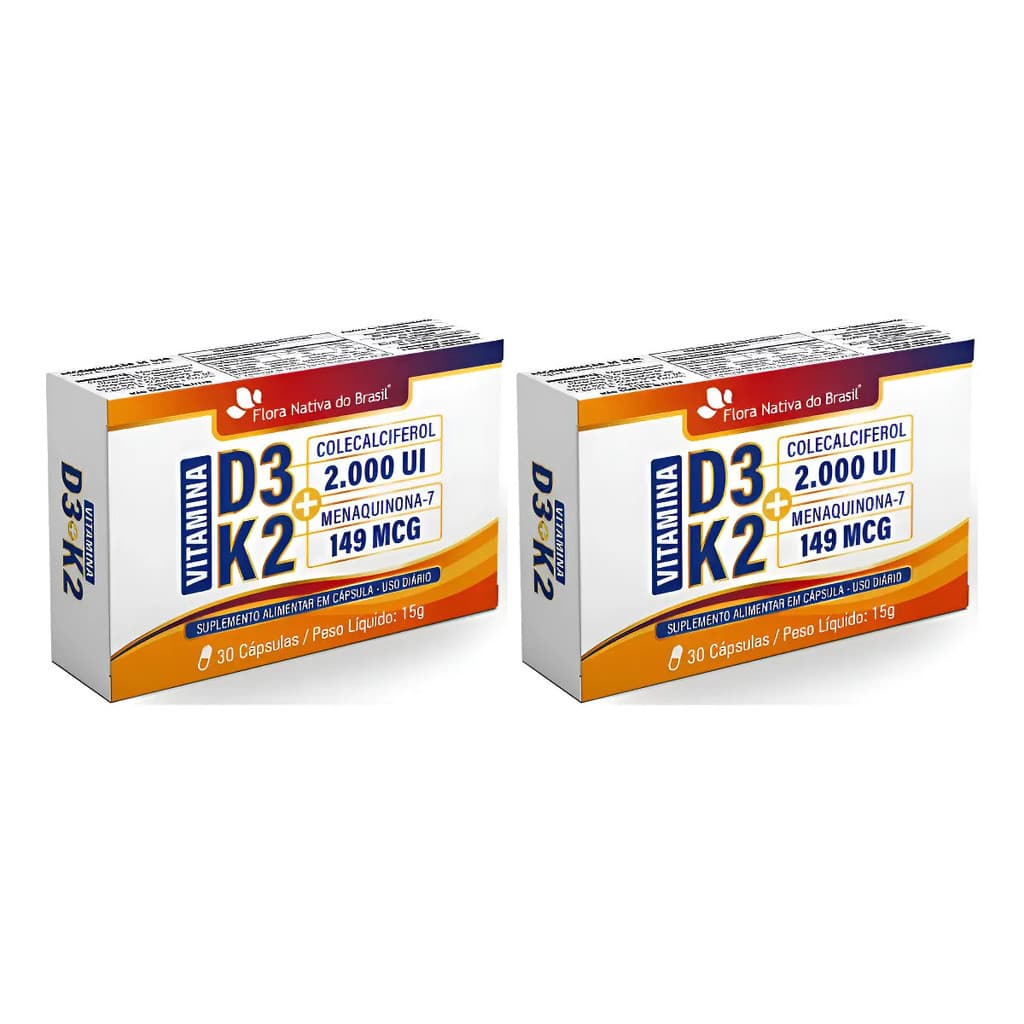 Kit com 2 Vitamina D3 + K2 MK7 Flora Nativa 30 Cápsulas 2000UI Suplemento Alimentar