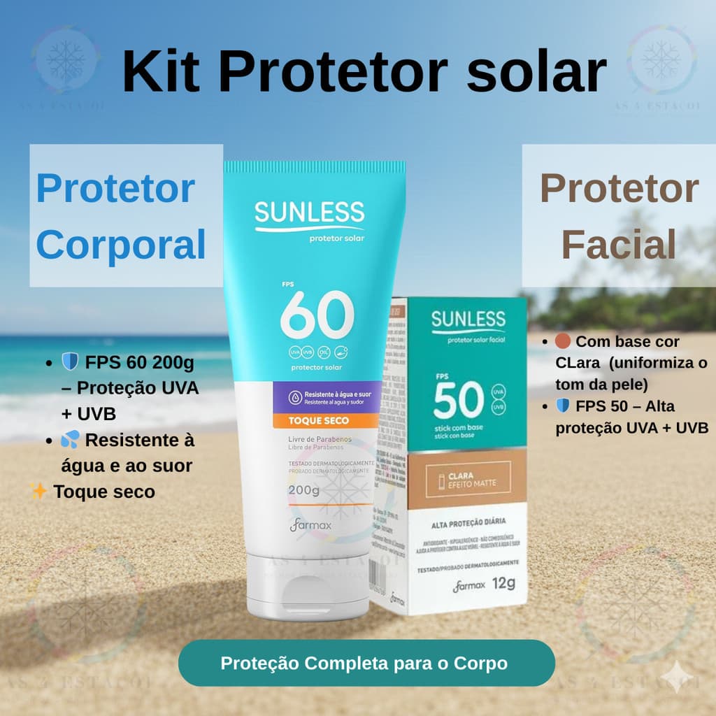 kit Protetor Solar Facial Bastão Clara + Protetor Solar Corporal FPS 60 200g