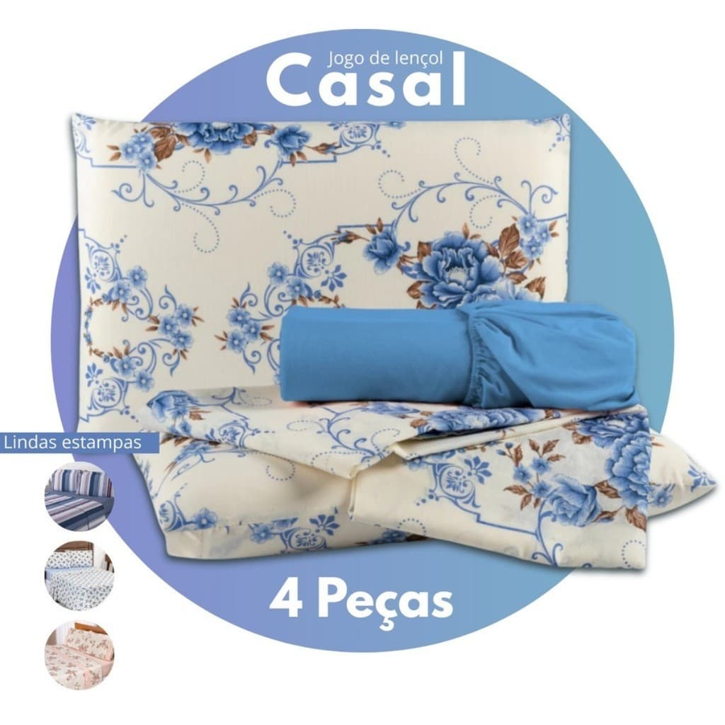 Jogo de Lençol Casal Padrão - Microfibra Estampado 04 Peças - Lindas Estampas - Toque Macio Cama Kit
