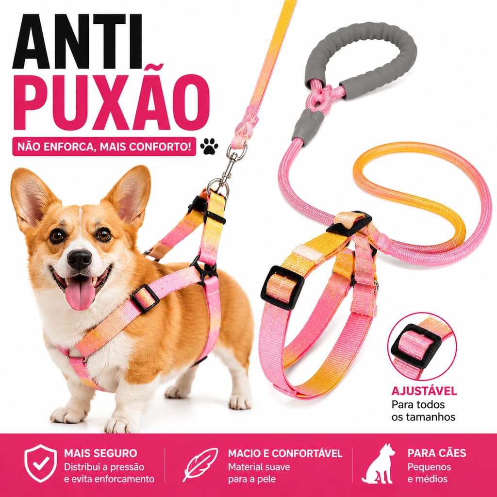 Coleira e Guia com Amortecedor e Pegador Peitoral Ajustável Para Pets Cachorros e Gatos Colorido
