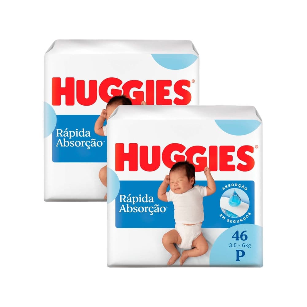 Kit 2 Fralda Huggies Rápida Absorção Tamanho P Pacote Mega 46 Unidades Descartáveis