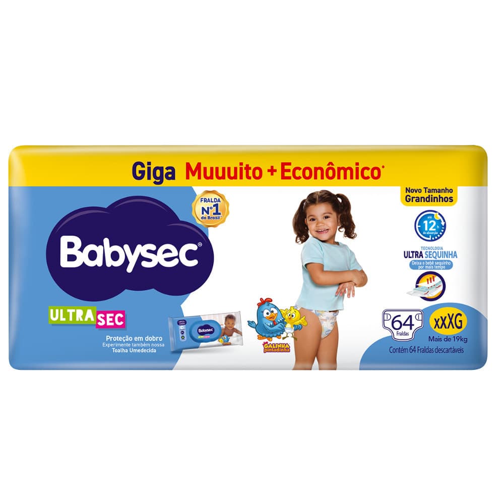 Pacote - Fralda BabySec Galinha Pintadinha Ultrasec XXXG Giga – 64 Unidades- Preferida das Mamães 👩‍🍼