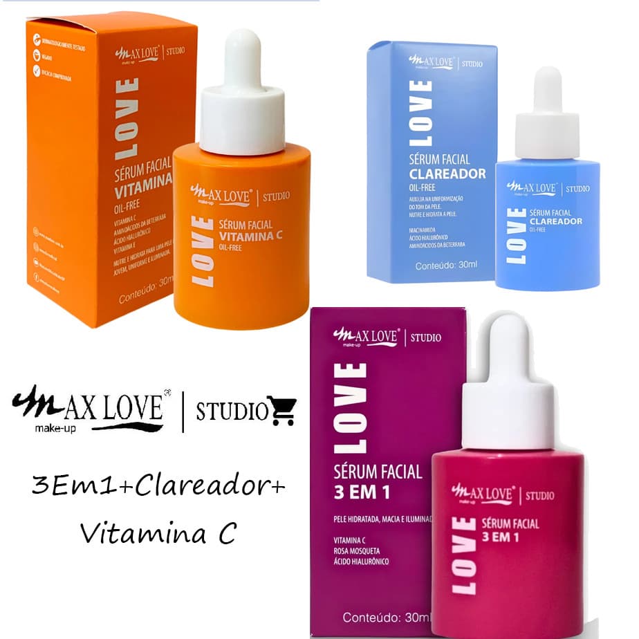 Kit C/3 Séruns Faciais Max Love – 3 em 1 + Clareador Oil Free + Vitamina C