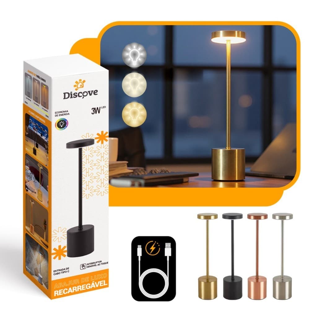 Luminária De Mesa Sem Fio Touch Led Recarregável Para Jantar E Quarto