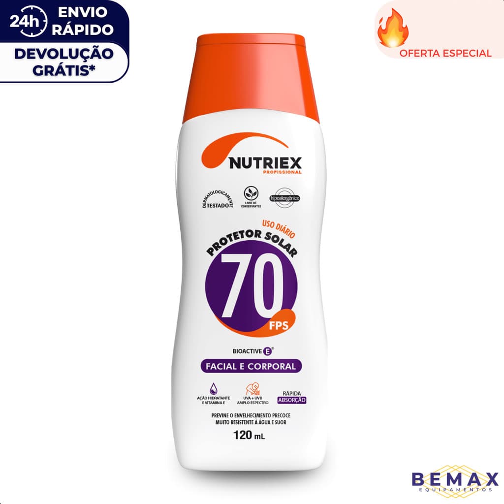 Protetor Solar Facial e Corporal Fps 70 120ml Nutriex 1/3 UVA UVB Toque Seco Proteção Para Soldador