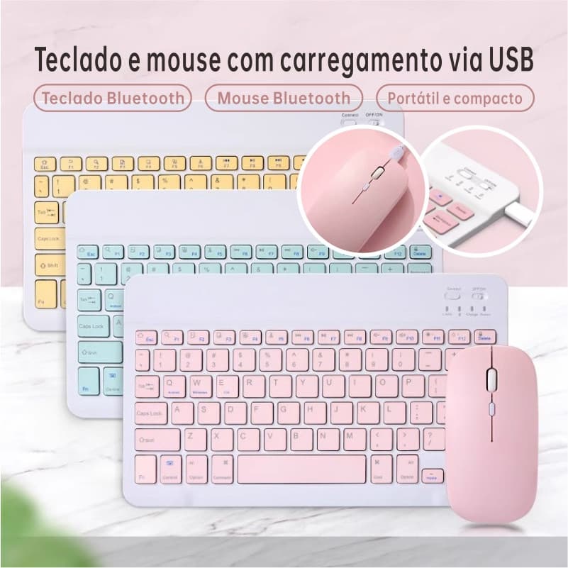 Teclado e Mouse Sem Fio Recarregáveis, Compatíveis com Tablet, Notebook e Celular, Autonomia de Até 150h