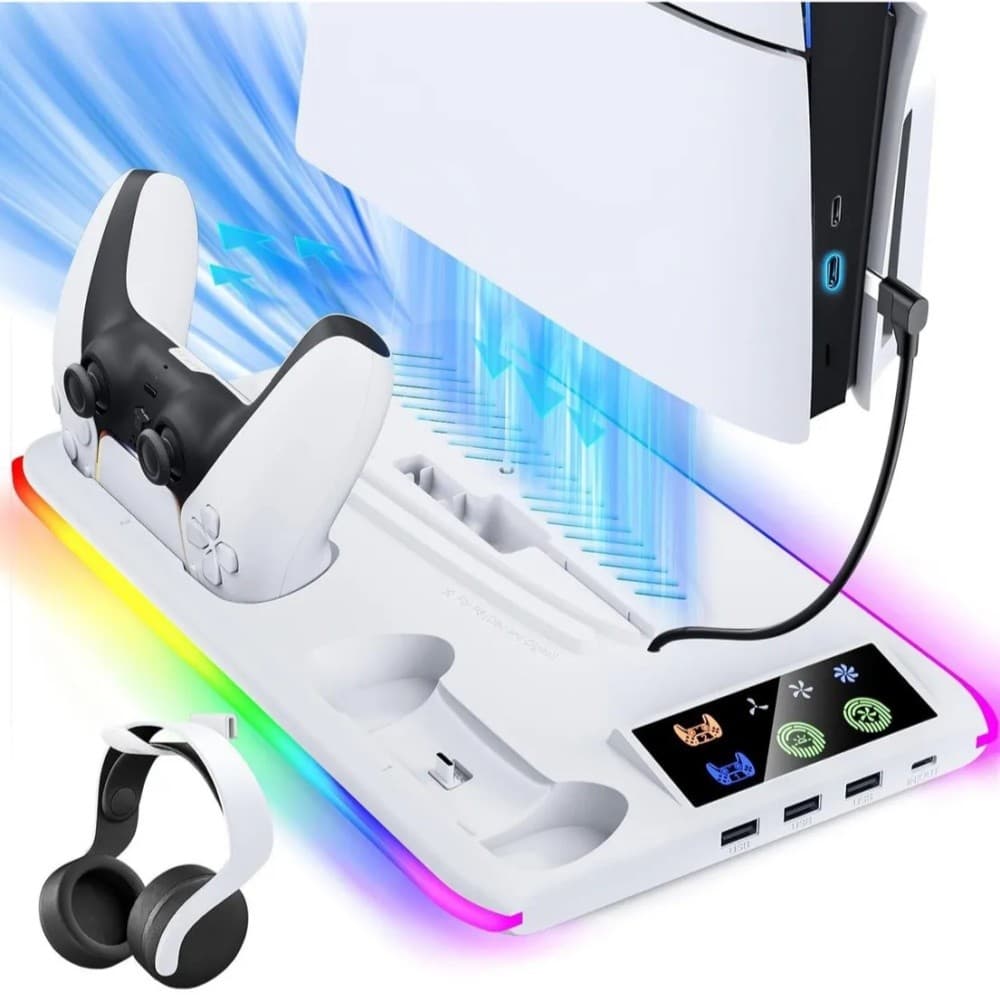 Suporte PS5 com Ventoinhas Estação de Carregamento Rápido para 2 Controles Base Vertical para PS5/PS5 Slim/Pro