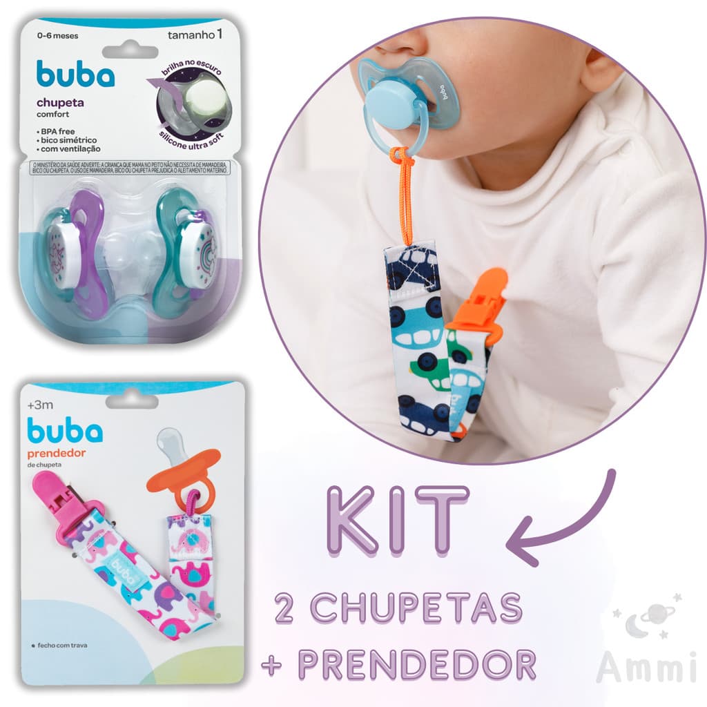 Kit 2 Chupeta + Prendedor Com Trava Bico Buba Comfort Ultra Soft Tamanho 1 e 2 Para Bebe