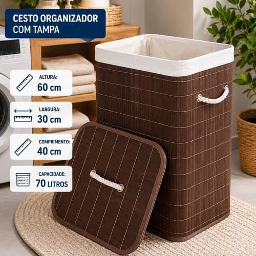 Cesto Organizador Bambu Com Tampa Alcas Grande 70 Litros Marrom Casa Banheiro
