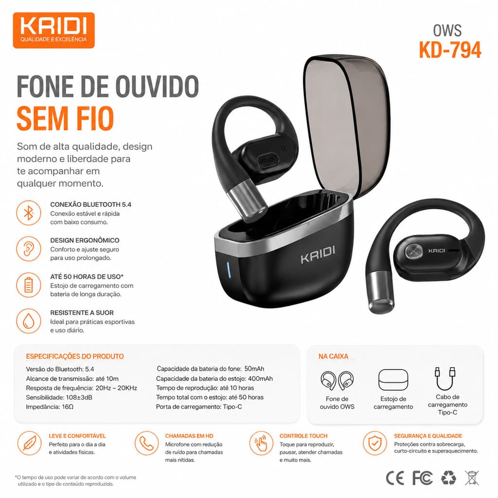 KAIDI KD-794 Fone Bluetooth OWS Sem Fio | Design Aberto | Som HiFi | Bluetooth 5.4 | USB-C | Conforto para Esporte
