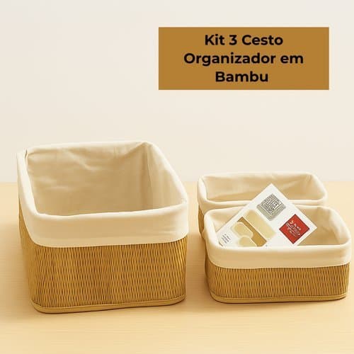 Kit 3 Cestos Organizadores Bambu Natural Multiuso Organizador Casa Escritório Banheiro