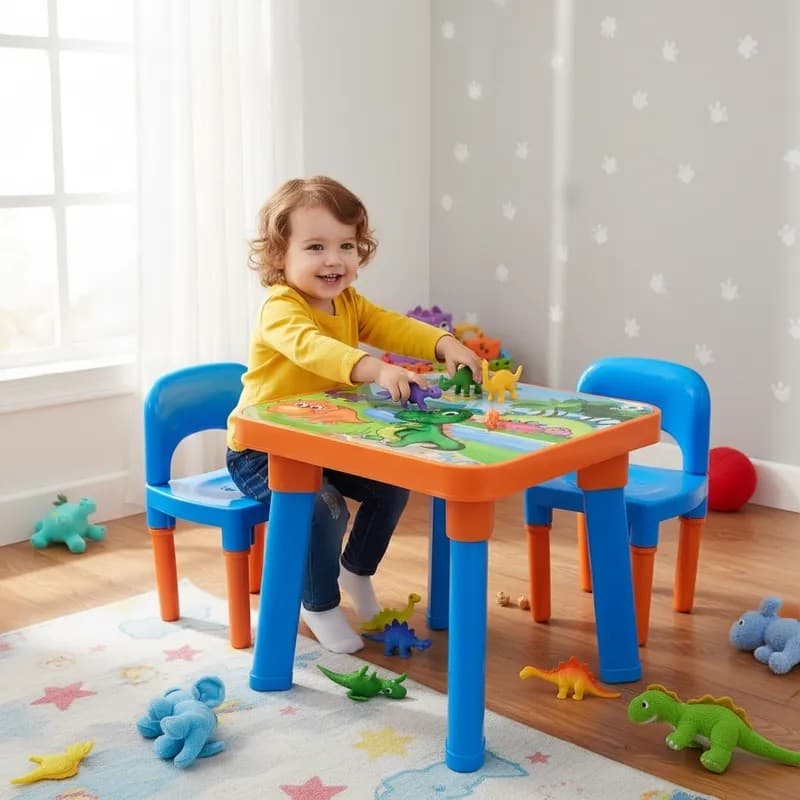 Mesinha infantil  Dino com  2 Cadeira  porta lápis e divisórias alimentação  escolar educativo