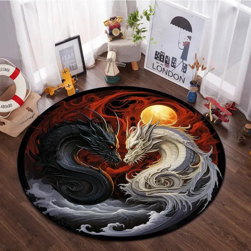 Tapete Redondo Com Efeito Visual De Dragão 3D-Antiderrapante , Resistente A Manchas E Fácil De Limpar Para Sala De Estar