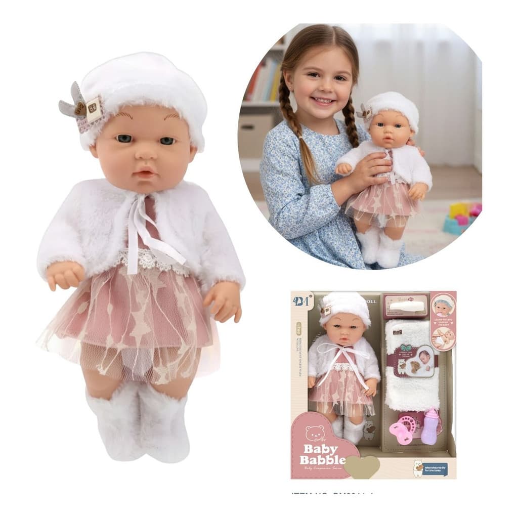 Boneca Vinil Reborn 31cm Infantil Corpo Articulado Com Kit Dormir Completo Manta, Mamadeira, Chupeta e Lenços
