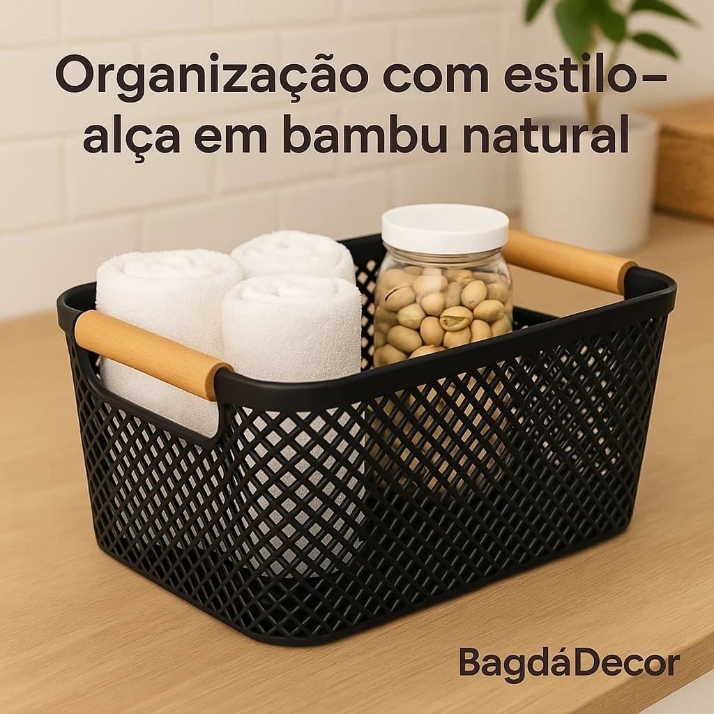 Cesto Organizador de Plástico com Alça de Bambu – Preto ou Branco, Tamanhos  Cozinha Banheiro