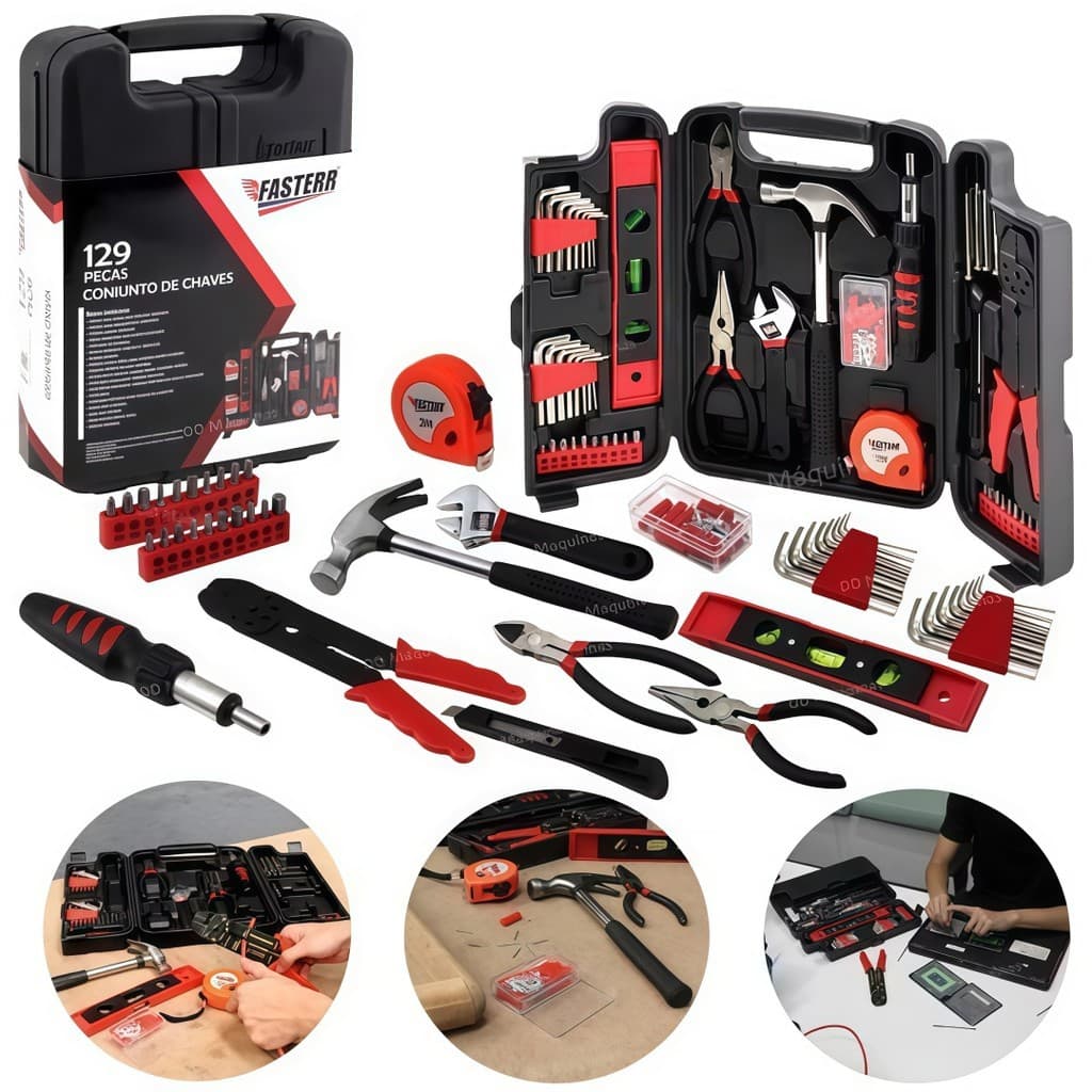 Maleta de Ferramentas 129 Peças Kit Completo Doméstico Profissional Reparos Automotivos Acessórios