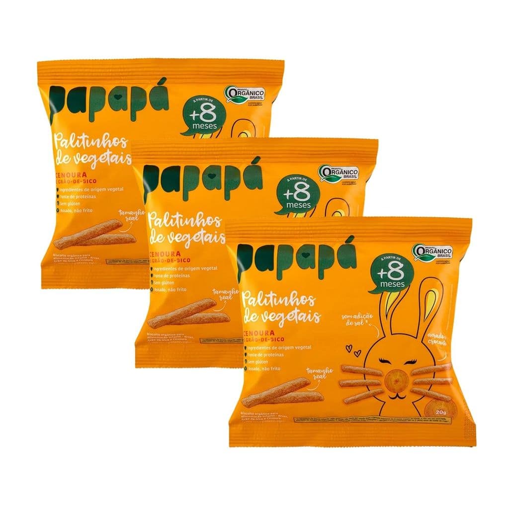 Kit Palitinhos de Vegetais Cenoura e Grão De Bico Papapá - 3 Unidades 20g