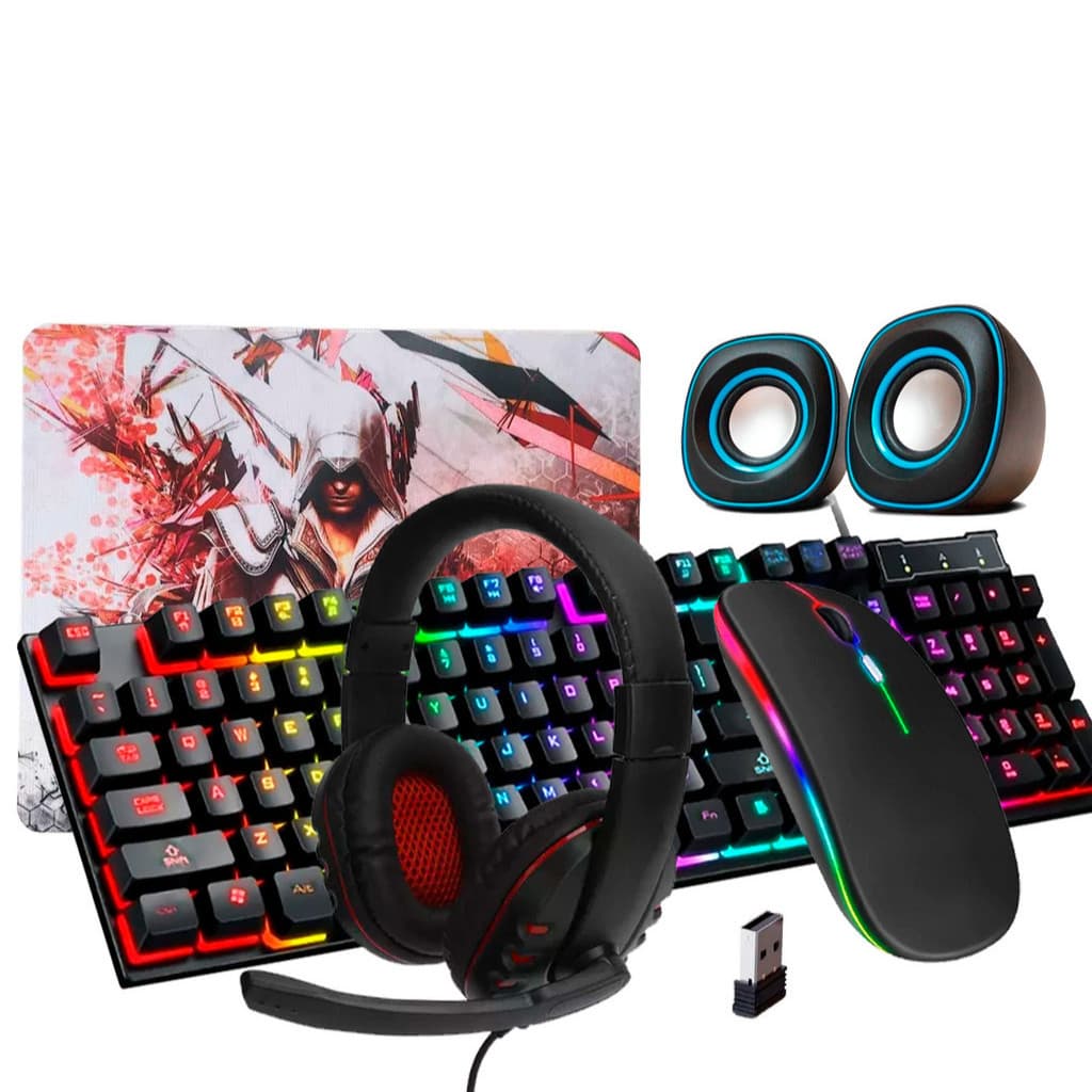 Kit Gamer Teclado Semi-mecânico + Mouse 3200 Dpi Sem fio RGB + Mouse Pad + Headset + Caixa de som pc