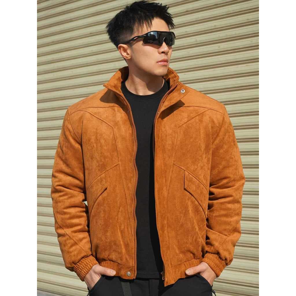 Jaqueta masculina de camurça retrô americana com gola alta, jaqueta acolchoada de algodão Slim Fit de inverno, jaqueta a