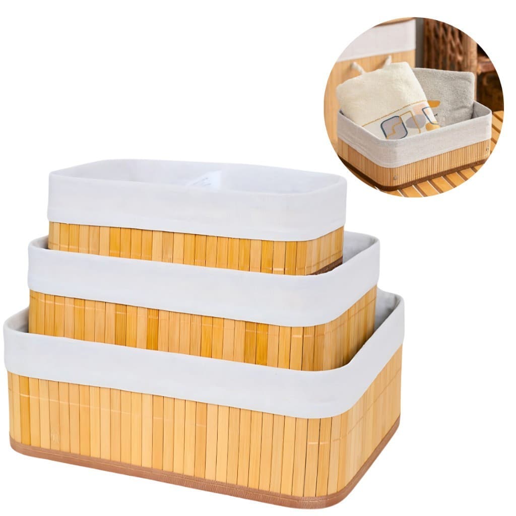 Kit 3 Cestos Organizador De Bambu Multiuso Com Forro Para Banheiro Guardar Objetos