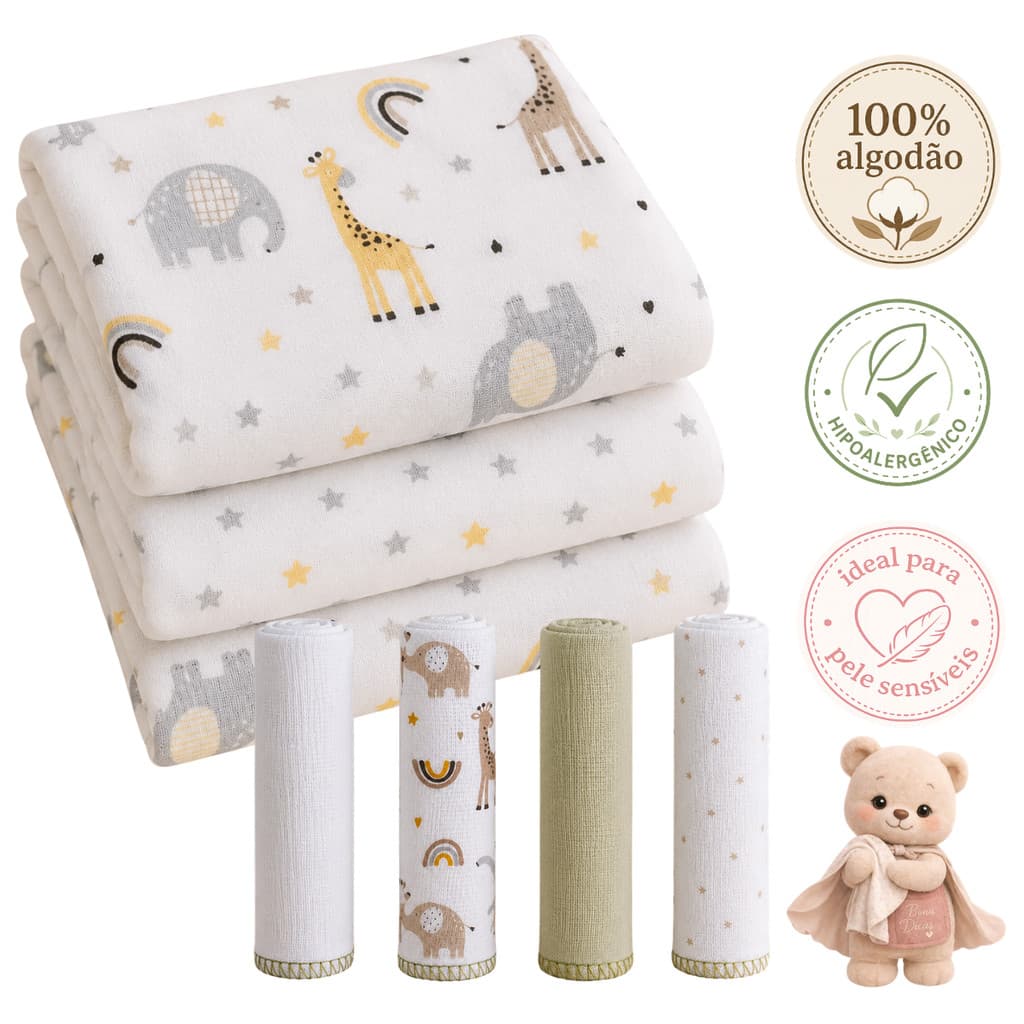 Kit Cueiro Flanelado Bebê 3 Unidades + 4 Panos de Boca 100% Algodão | 50x80cm | Enxoval Macio para Recém Nascido