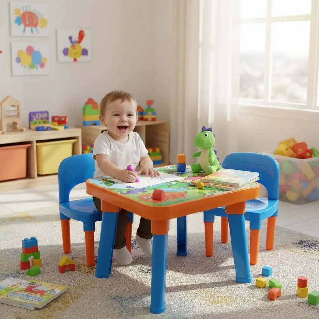 Mesinha infantil  Dino com  2 Cadeira  porta lápis e divisórias