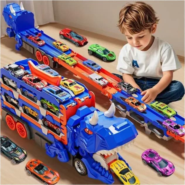 Caminhão Dinossauro Engole Carrinhos com 6/12 Carrinhos de Fricção Brinquedo Educativo Interativo Presente Infantil