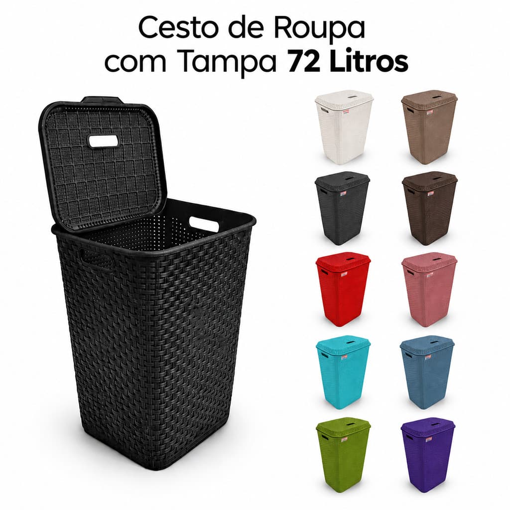 Cesto Roupa Suja 72 Litros Tampa Plástico Reforçado Grande Lavanderia Banheiro Organizador