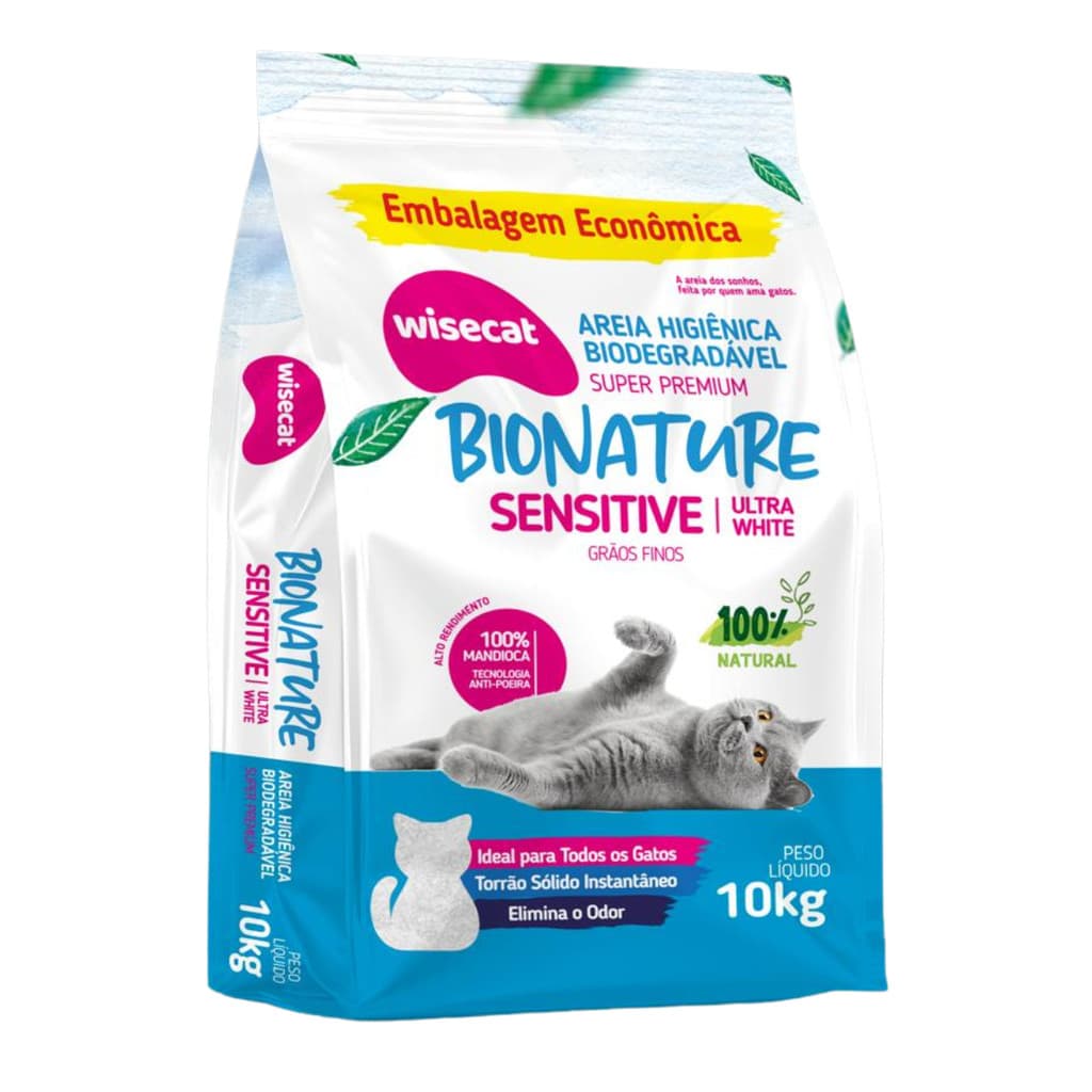 Areia Sanitária de Mandioca Wisecat para Gatos Grãos Finos Sensitive Bionature Biodegradável 10kg