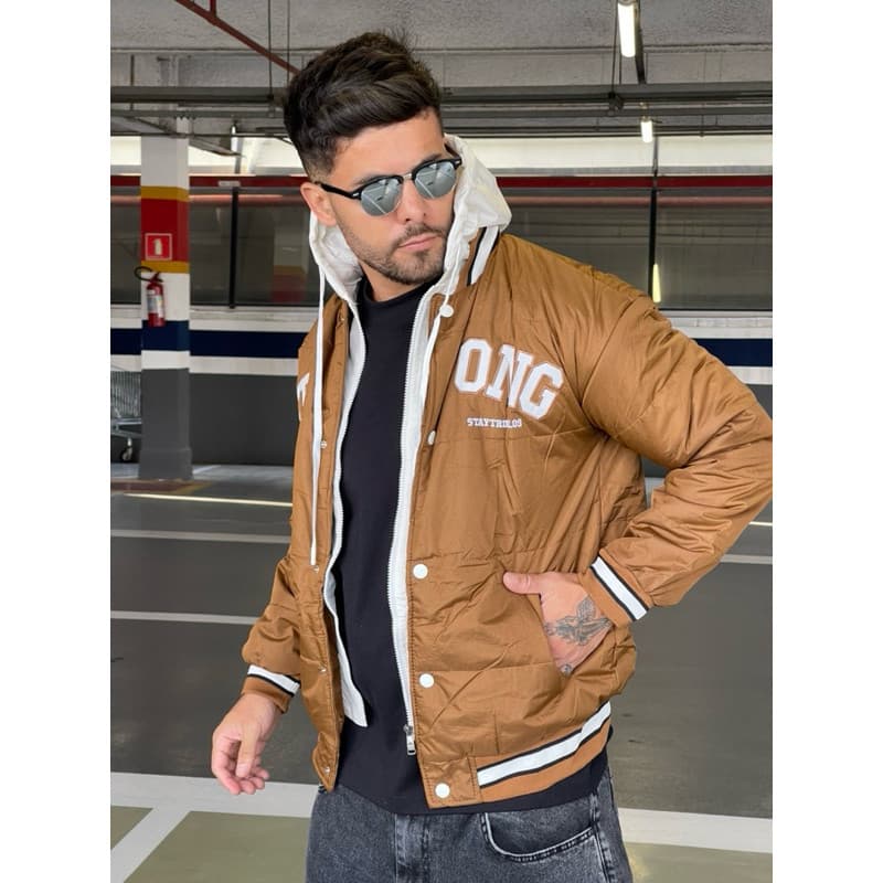Jaqueta Masculina Baseball College – Marrom Terra, Azul Marinho e Preta | Casual & Estilosa com botao e ziper