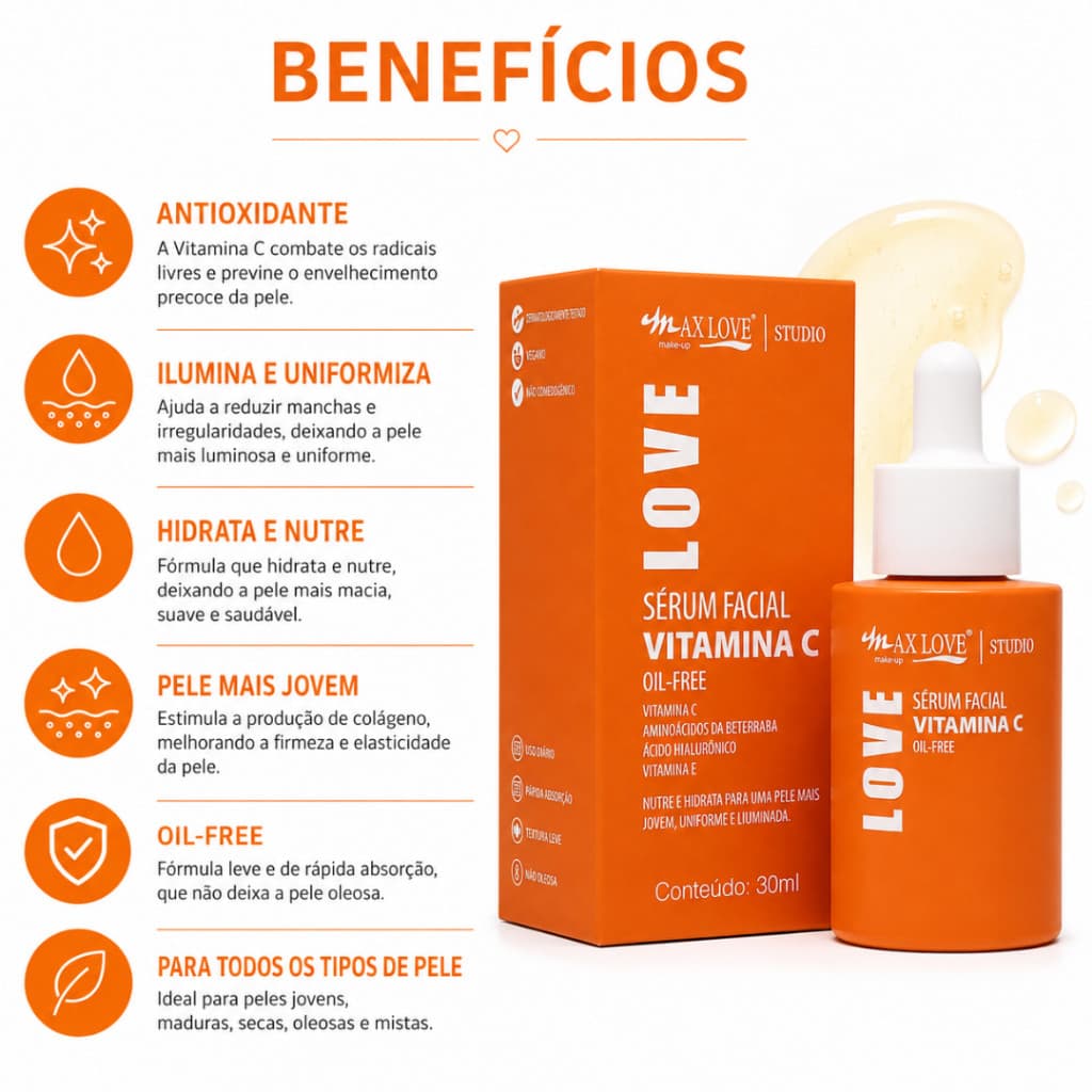Sérum Facial Vitamina C Hidratação Textura Leve Uso Diário Skin Care - Max Love