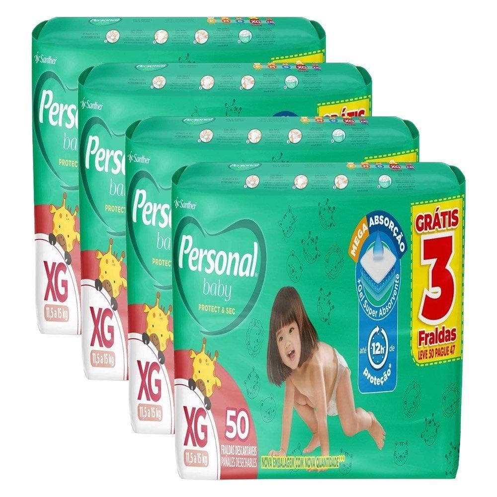Fralda Descartável Personal Hiper Soft & Protect Tamanho XG - 4 Pacotes com 50 Fraldas - Total 200 Tiras