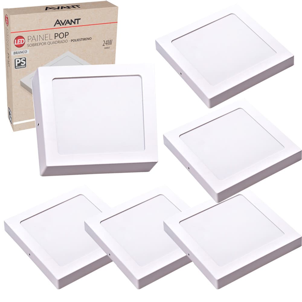6 Painel Plafon Sobrepor Quadrado 24w Luz Branco Frio 6500K Bivolt Avant Luminaria de Teto Casa