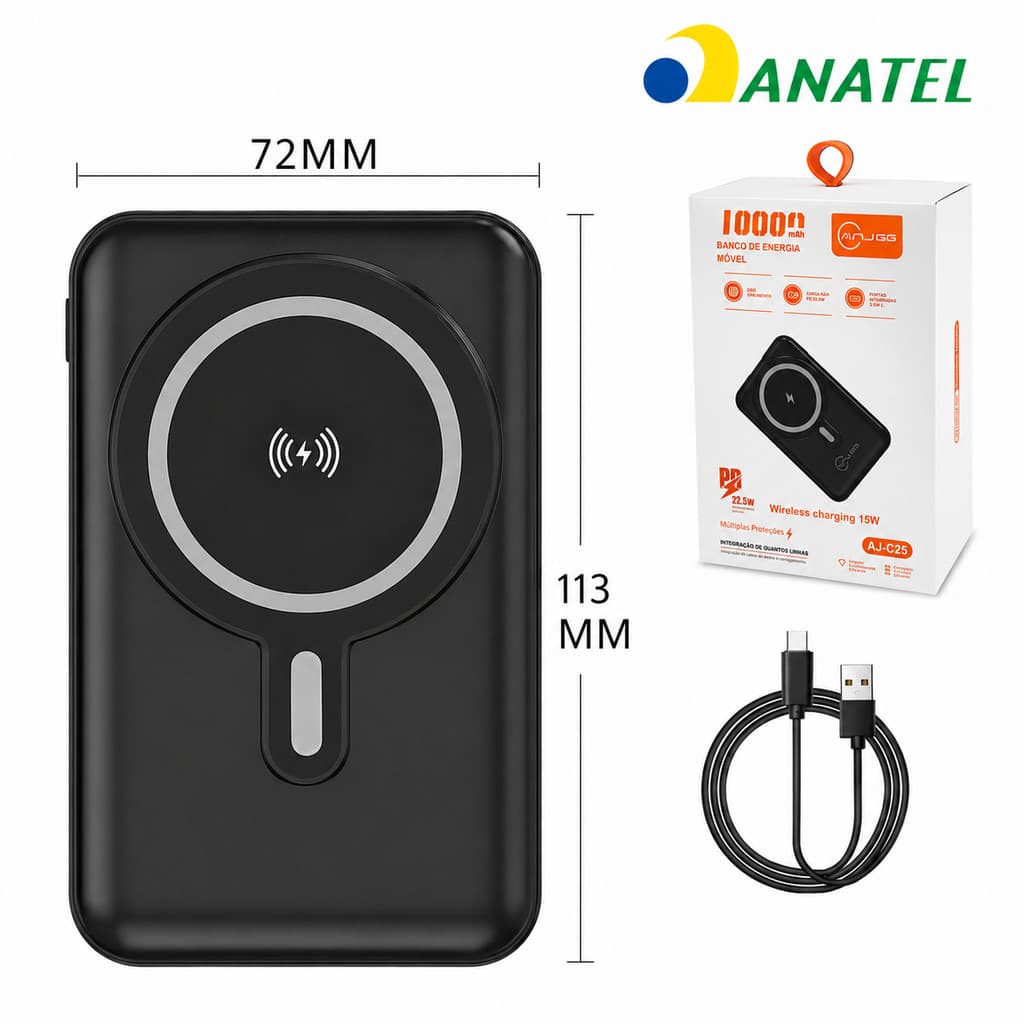 Power Bank Magnético 10000mAh PD 22.5W Carregador Portátil com 3 Cabos e Suporte