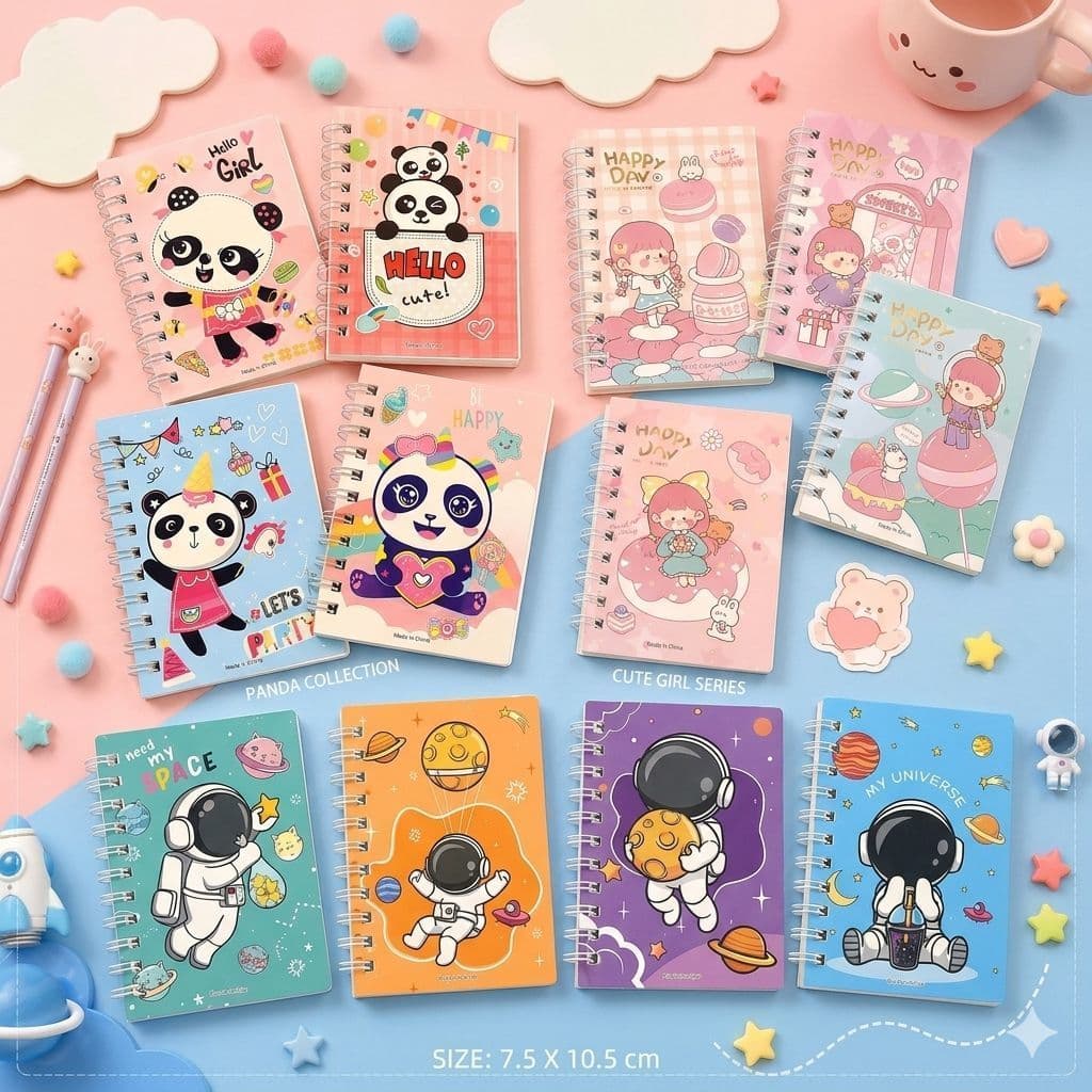 Kit 4 Mini Cadernos Espiral Kawaii Panda Astronauta Menina Fofo 160 Folhas