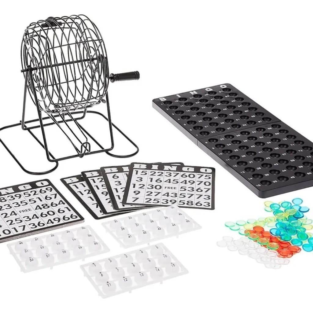 Jogo de Bingo Completo DANTAS Globo Giratório 75 Pedras 18 Cartelas 150 Marcadores Bingo Família Diversão