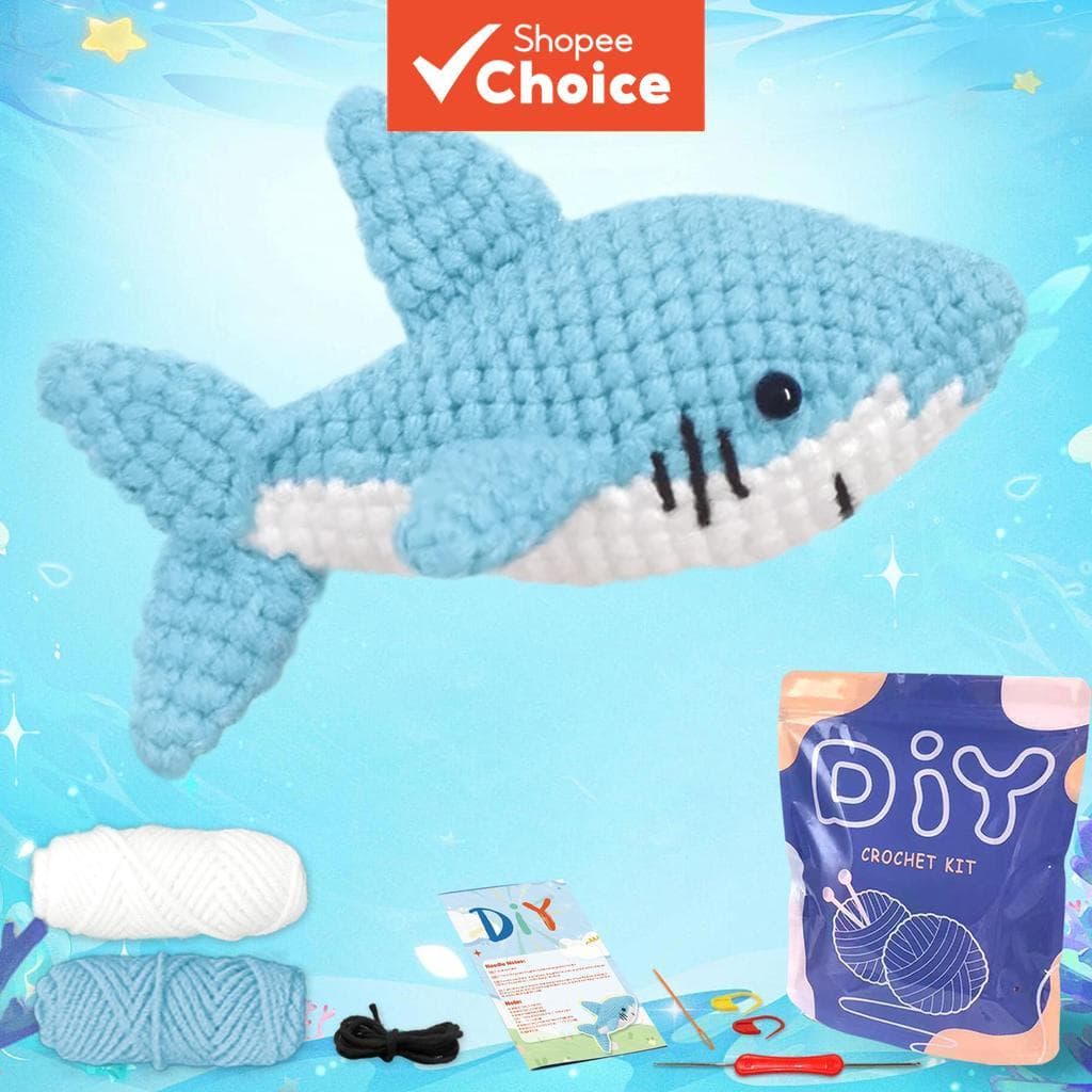 Kit de Crochê de Tubarão para iniciantes, Conjunto de Agulhas Amigurumi DIY com Manual de Instruções e Vídeo de Ensino
