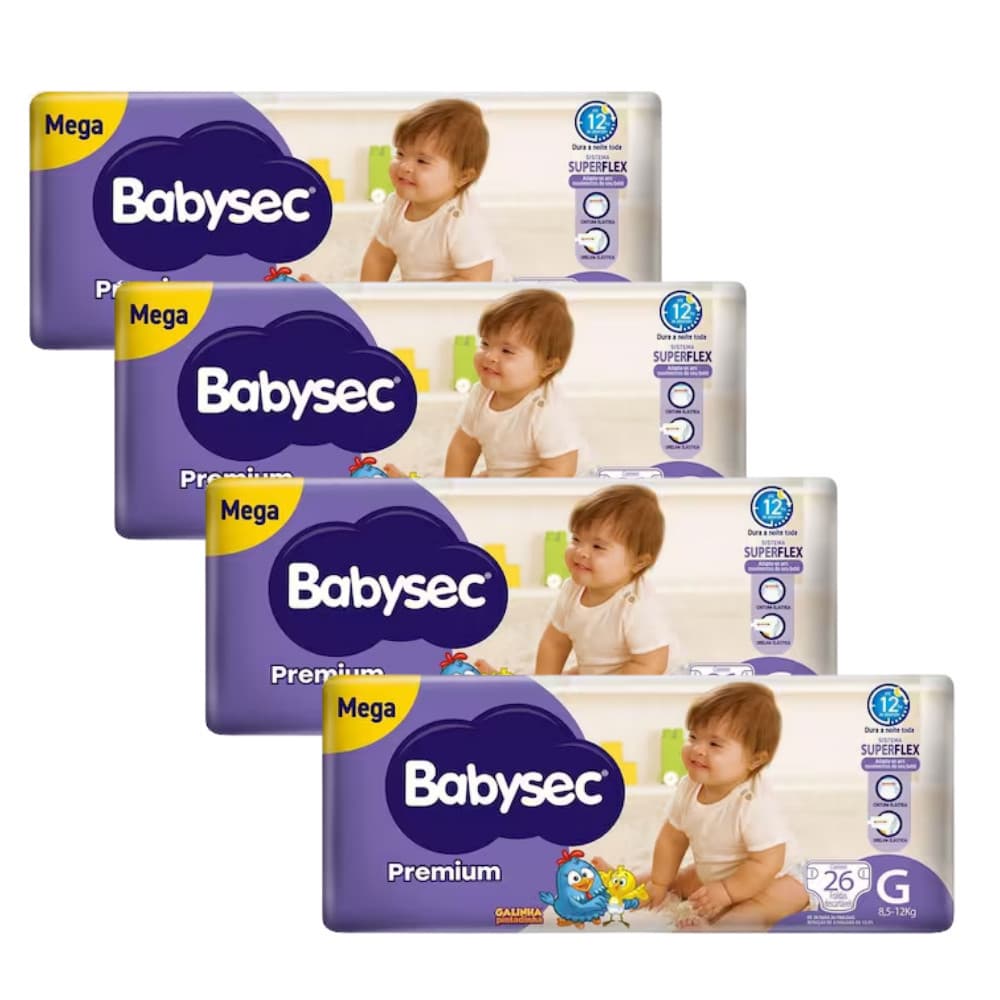 4 Pacotes de Fralda BabySec Premium Galinha Pintadinha Mega G 4x26 Unidades – Preferida das Mamães 👩‍🍼