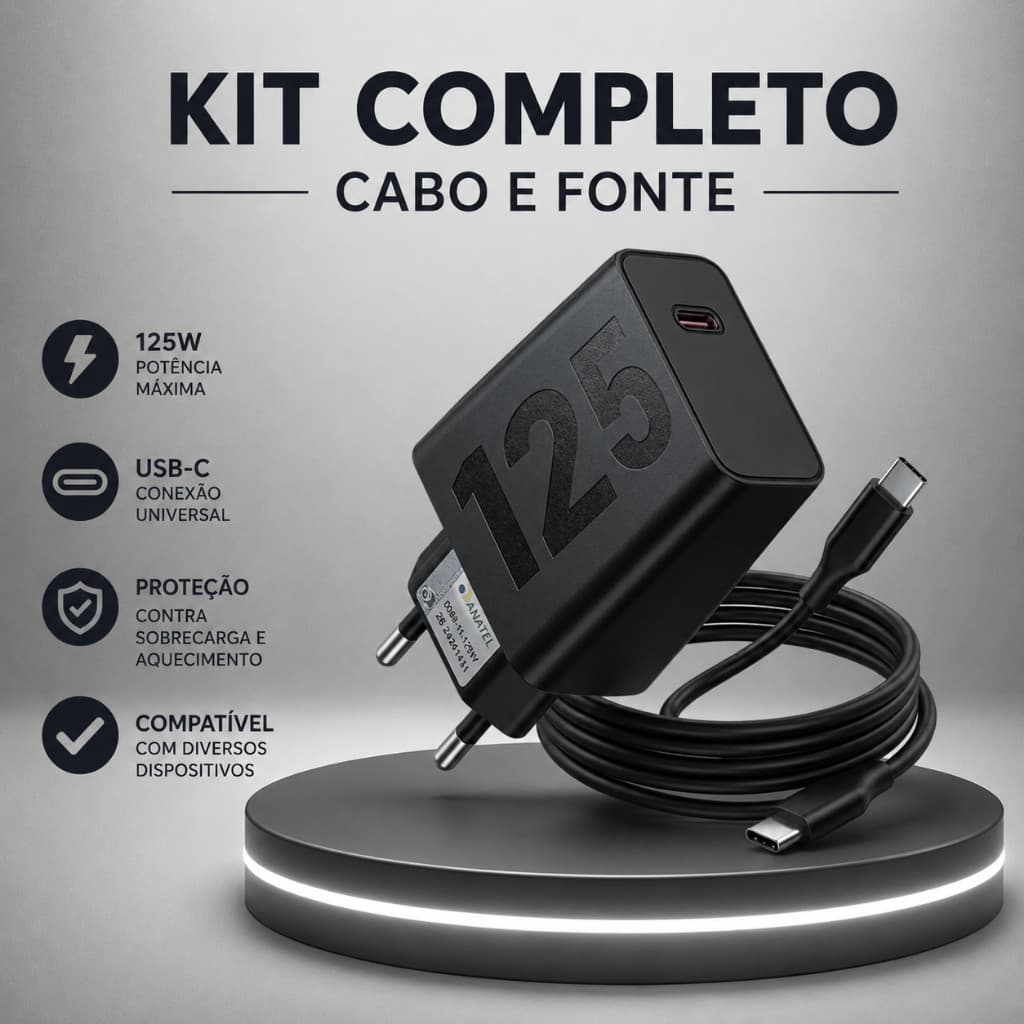 Kit Carregador Turbo 125W e 68W Fonte E Cabo Tipo C Duo Para Celular Android Carregamento Super Rápido