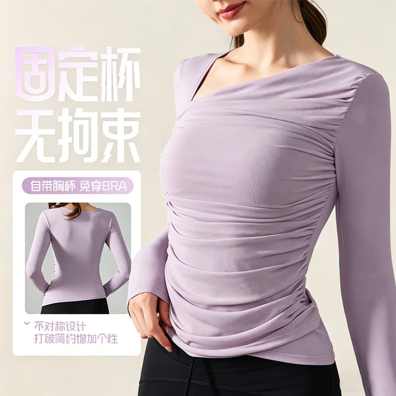 Gola Diagonal roupas de Fitness femininas com almofada no peito Casual All-Match roupas de Yoga Design de manga comprida
