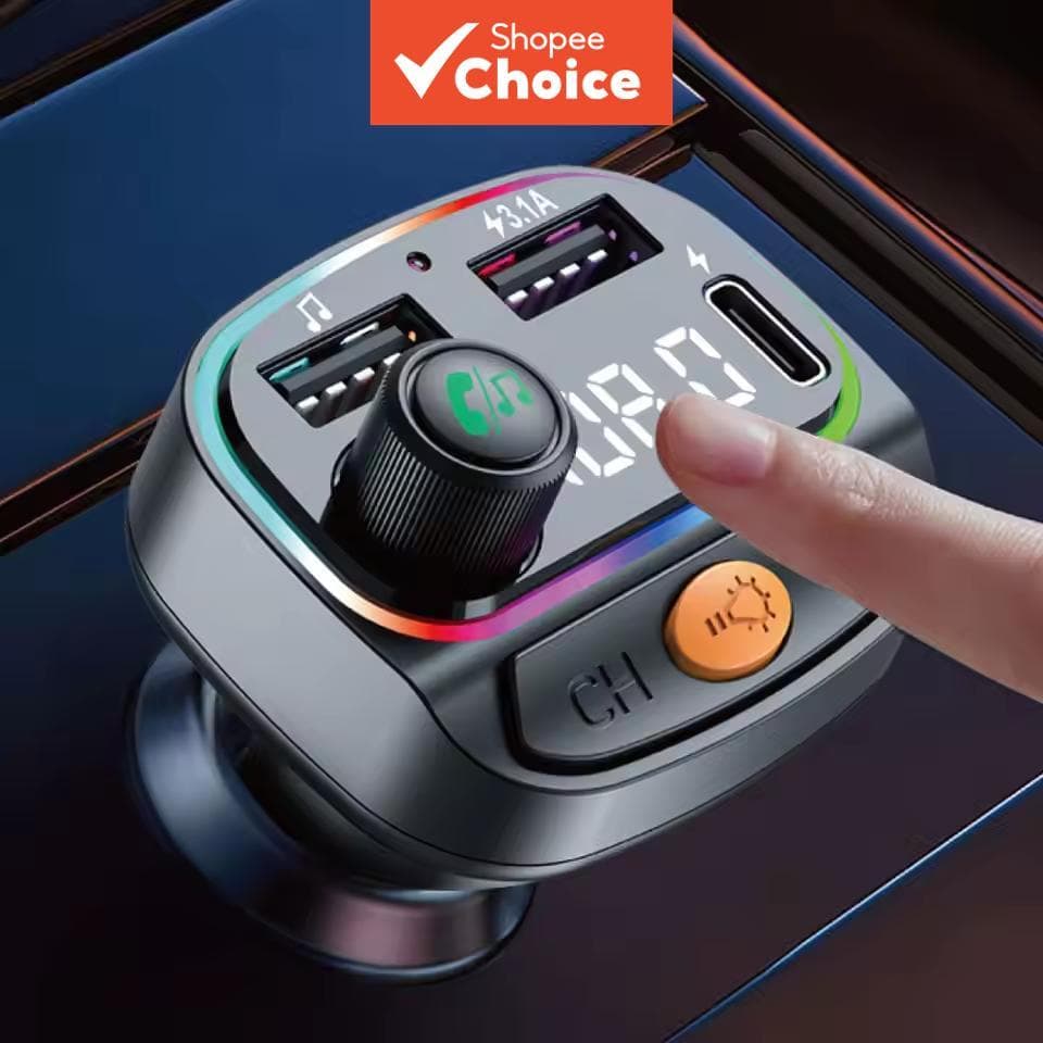 Carregador Veicular Bluetooth 5.3 Transmissor FM Viva-Voz PD Tipo-C Dual USB Player Ambiente MP3 Carregador Sem Fio