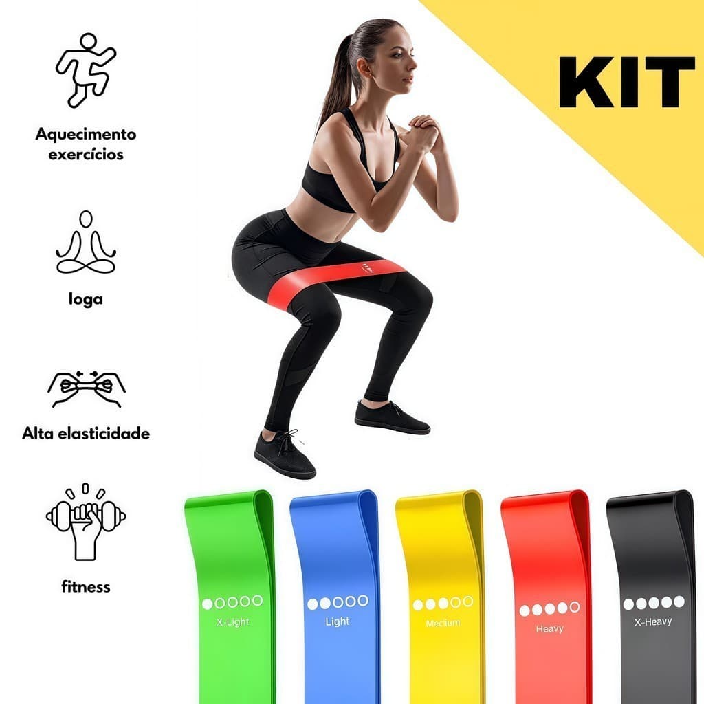 Kit 5 Faixas Elásticas Para Exercícios Multifuncional Yoga Fisioterapia e Treino Musculação