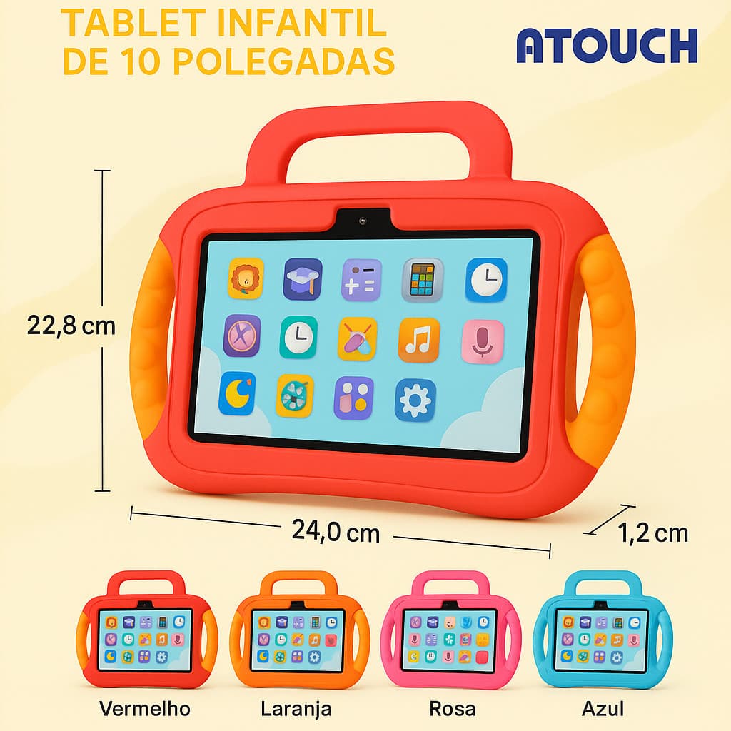 Tablet Infantil KT10 10” com Capa Pop-It Antichoque, Alça de Mão, Tela 24 cm, Android, Wi-Fi, Várias Cores